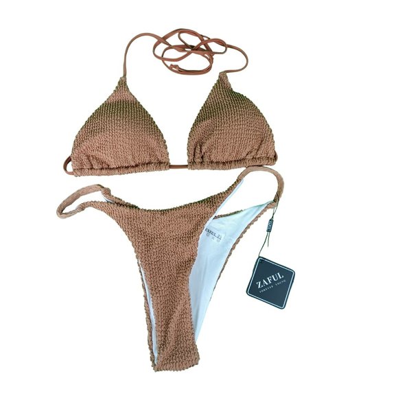ZAFUL 2pc crinkle brown Bikini Size 8 / L - Picture 3 of 4